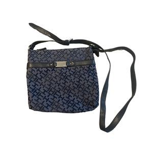 Tommy Hilfiger navy crossbody zip up bag, signature logo fabric w/ faux leather